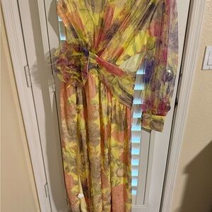 Yellow Floral Long Sleeve Maxi Dress with Waist Tie
